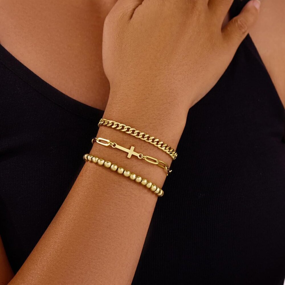 Gold Cross Bracelets Set for Women Dainty Religious Jewelry Christian Gifts - Picture 2 of 7